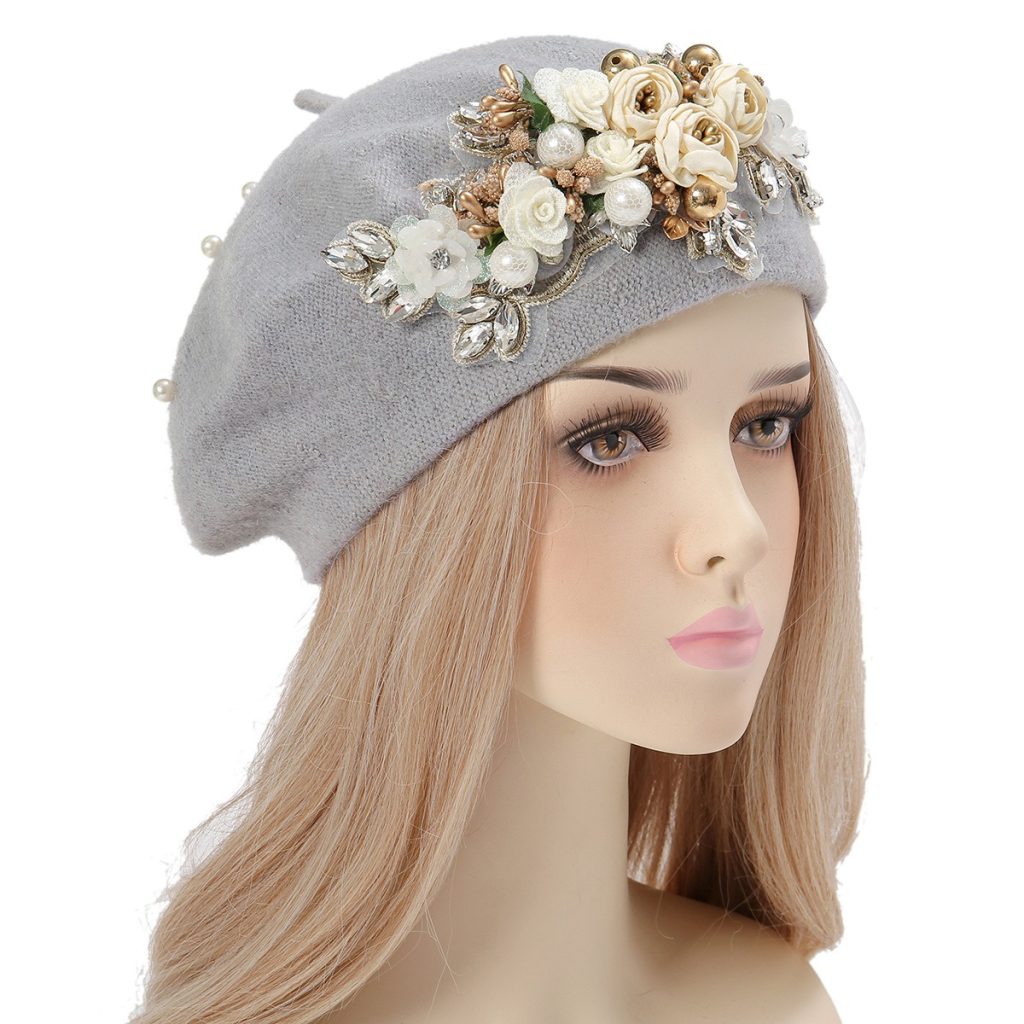 Gorgeous Flower Beret Knitted Hat Women's Elegant Pullover Hat