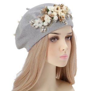 Gorgeous Flower Beret Knitted Hat Women's Elegant Pullover Hat